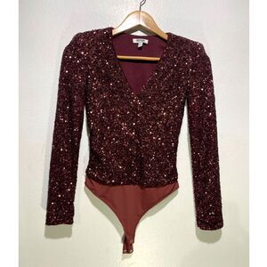 Edition Express bodysuit sequins disco burgundy cranberry red festive women XS